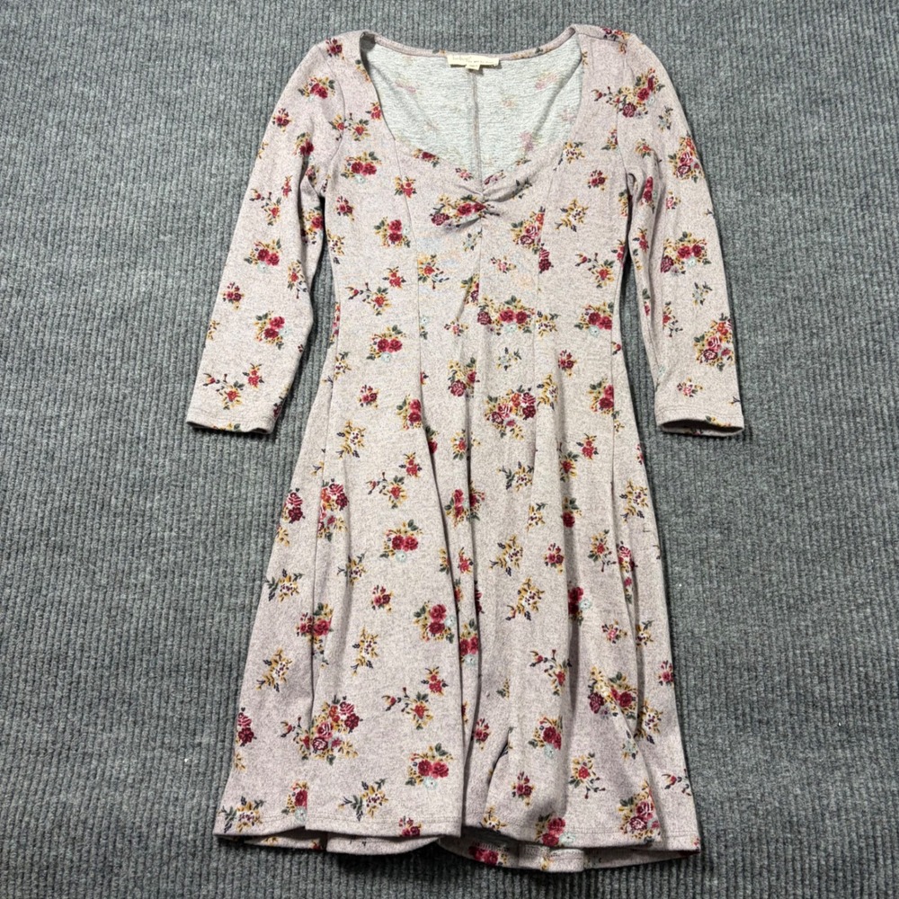 Bebop Womens Small Floral A-Line Dress Pink 3/4 Sleeve Sweetheart Neck Mini